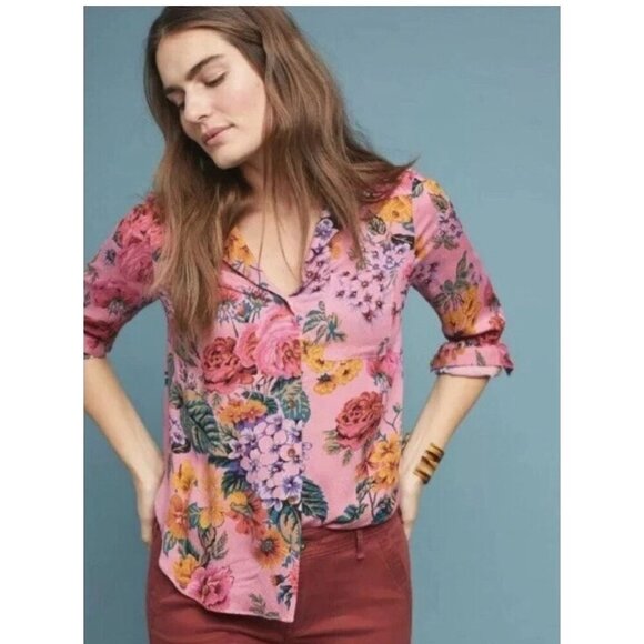 Maeve By Anthropologie Pink Floral  Long Sleeve Button-Up Blouse Women's Size 8 - Picture 1 of 10